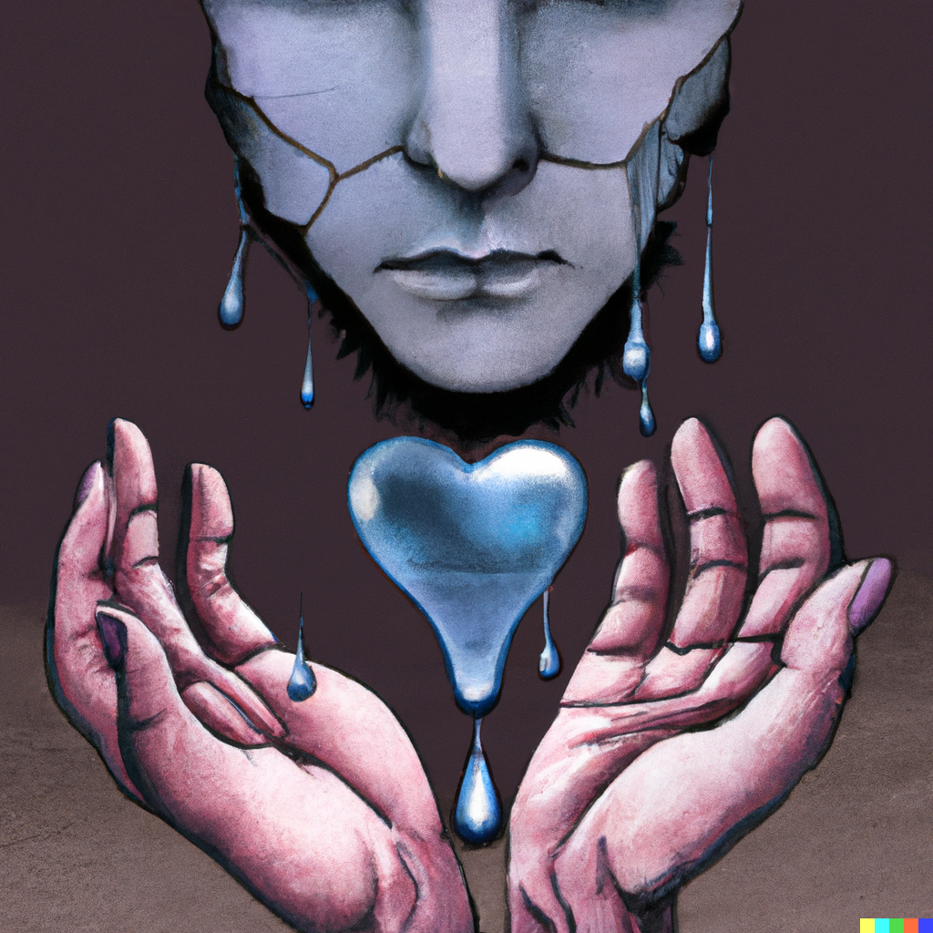 DALL·E 2023-01-04 12.32.32 - A realistic drawing of stone hands holding a dripping heart made of ocean water which reflects a woman's face