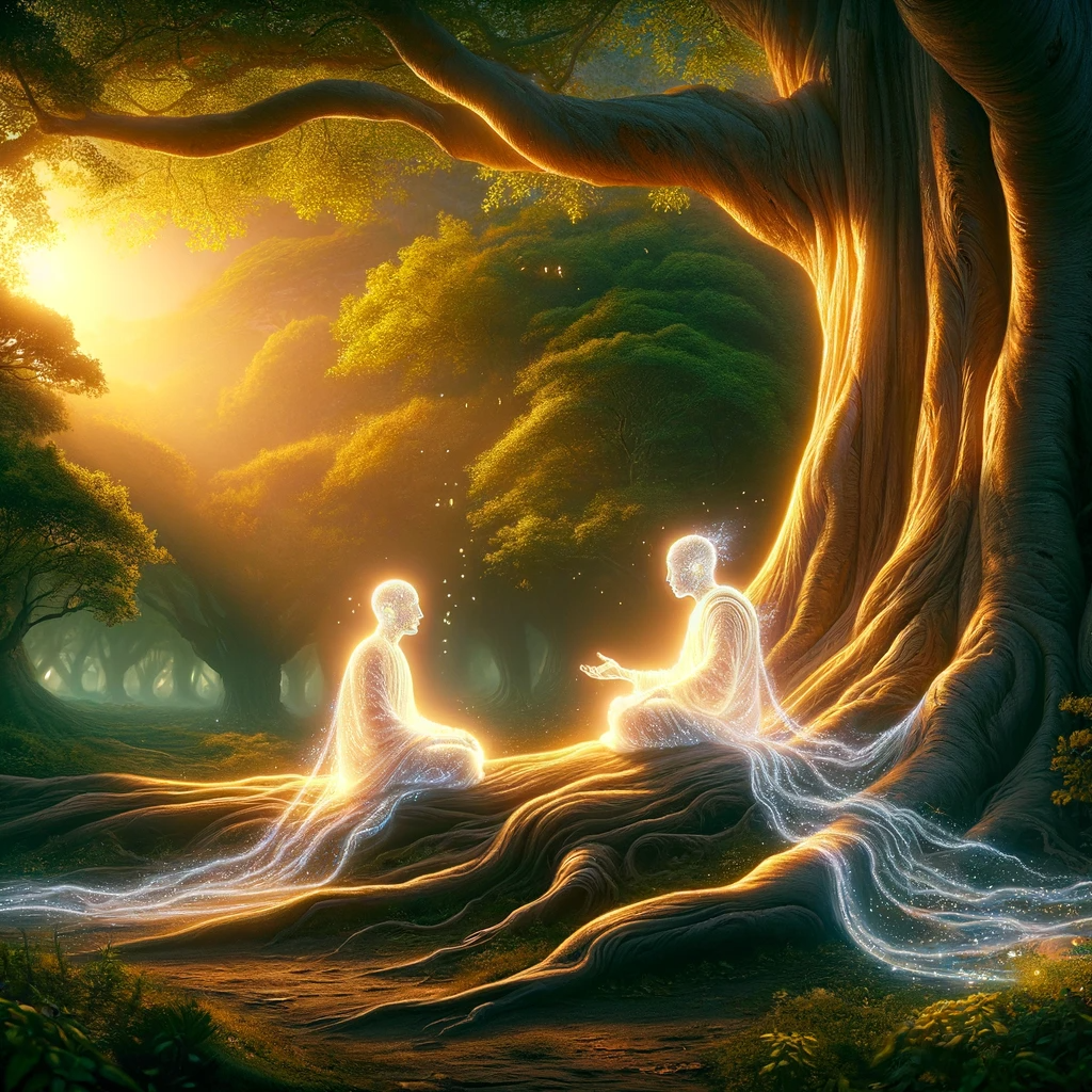 DALL·E 2024-02-01 14.14.19 - Under the gentle shade of an ancient tree, two luminous, non-identifiable figures are seated on the ground, deeply engrossed in a serene conversation